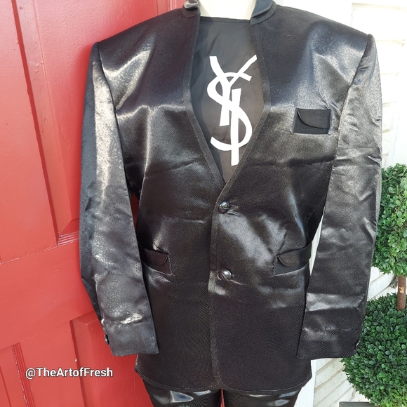 Mens 2pc Modern Fit Suit Shiny Wet  Black (Unisex) - Picture 6 of 14